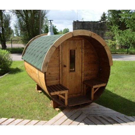 Sauna baril lg3.5m D2.2m avec terrasse et porte standard